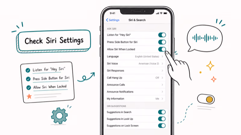 Hand-drawn illustration: Check Siri Settings