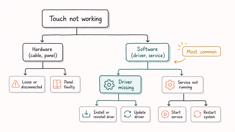 Touch screen diagnostic flowchart branching into hardware and software causes with teal path on driver missing