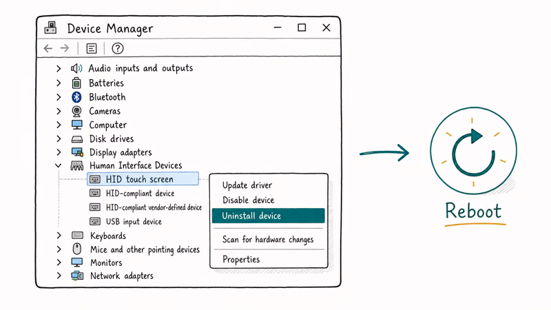 Device Manager showing HID-compliant touch screen entry selected with teal Uninstall device menu and reboot arrow