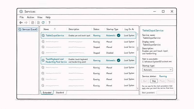 Windows Services console with TabletInputService and Touch Keyboard set to Automatic with teal checkmarks running