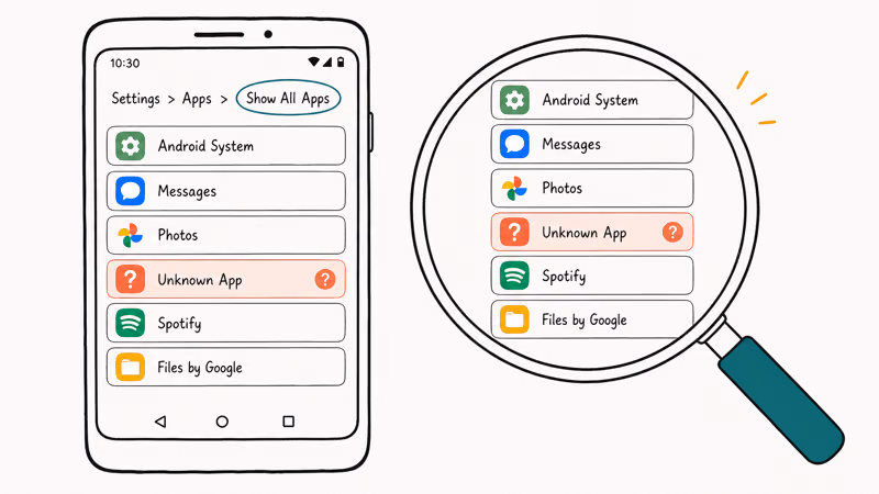 Android Settings screen showing the path to See All Apps with a full app list