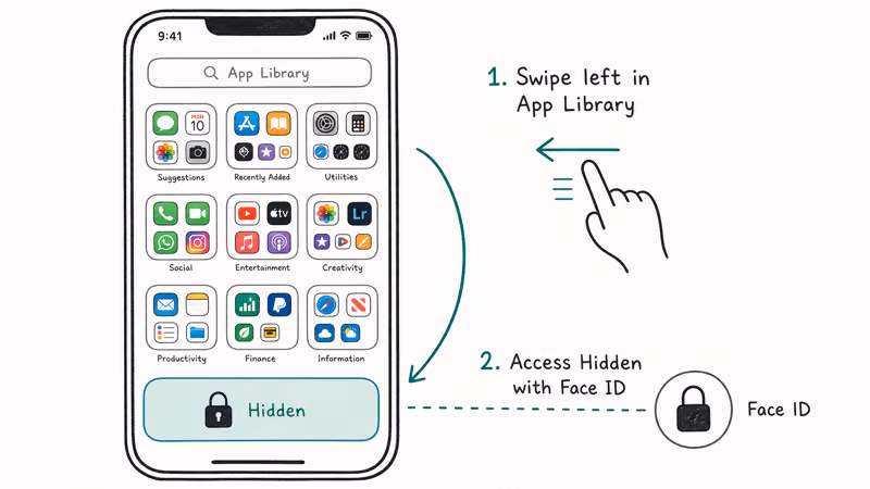 iPhone App Library showing the Hidden folder protected by a Face ID lock icon