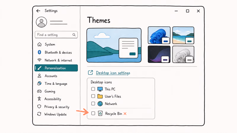 Windows 11 Personalization Themes settings showing Desktop icon settings with Recycle Bin checkbox unchecked