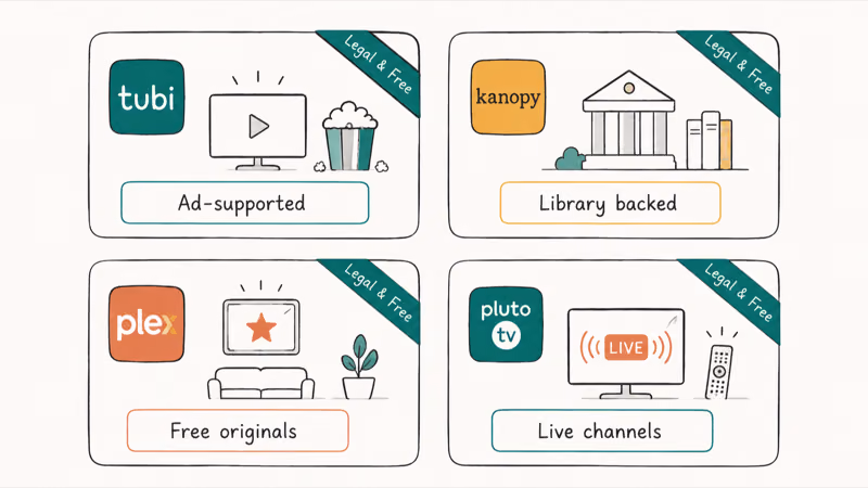 Four tile grid of legal free streaming alternatives with tags for ad supported library backed originals and live