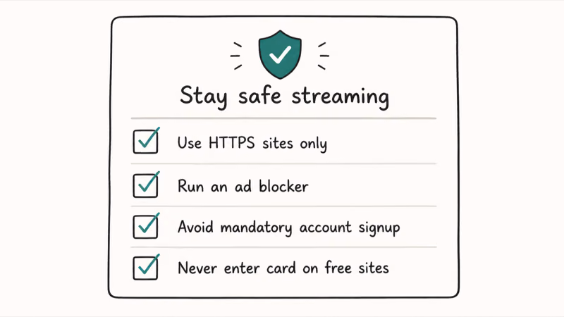 Safety checklist card with four rules for streaming sites including HTTPS only ad blocker and no card on