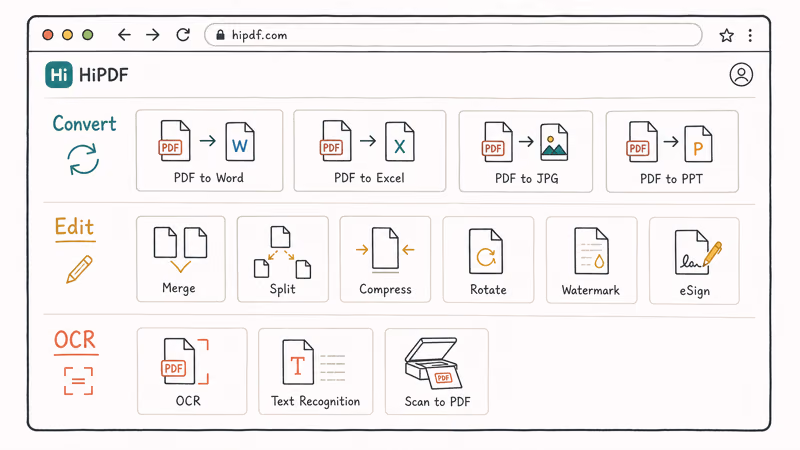 HiPDF web dashboard showing 40 PDF tools organized into conversion, edit, and OCR categories