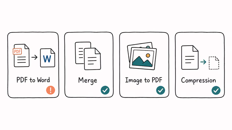 Four HiPDF tools rated for conversion, merging, image to PDF, and compression quality