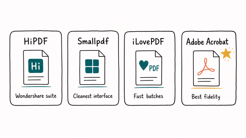Four PDF tools compared by strength including HiPDF, Smallpdf, iLovePDF, and Adobe
