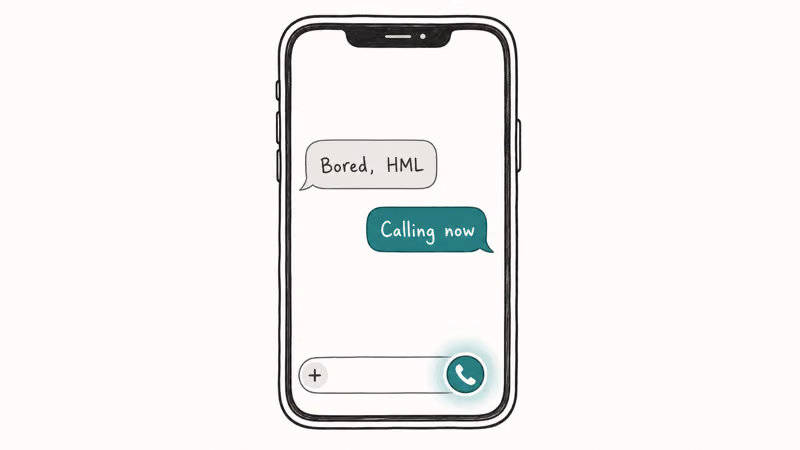 Hand-drawn chat bubbles showing HML as a casual invite to call back with a highlighted phone icon