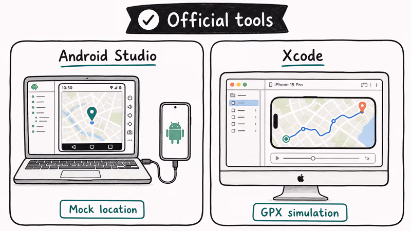Official developer location tools for Android Studio and Xcode shown side by side