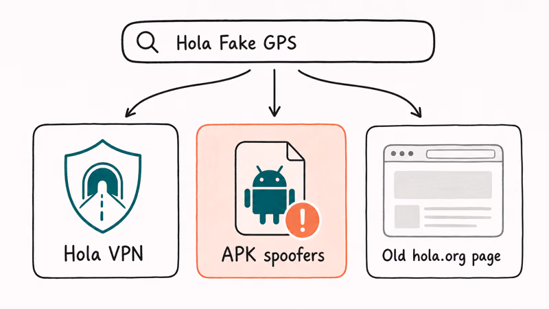 Three things sharing the Hola Fake GPS name including VPN, APK spoofers, and old page