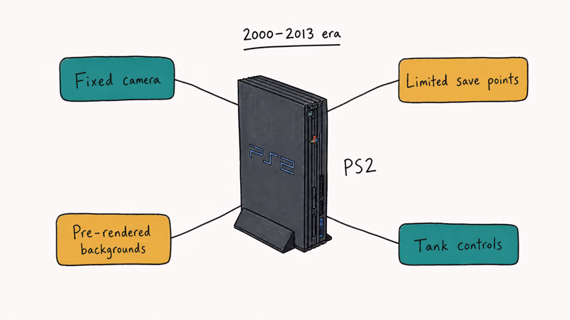 PlayStation 2 console silhouette with four traits fixed camera limited saves pre-rendered backgrounds and tank controls