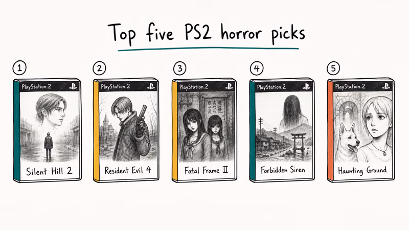 Top five PS2 horror games listed as ranked game case cards Silent Hill 2 Resident Evil 4 Fatal