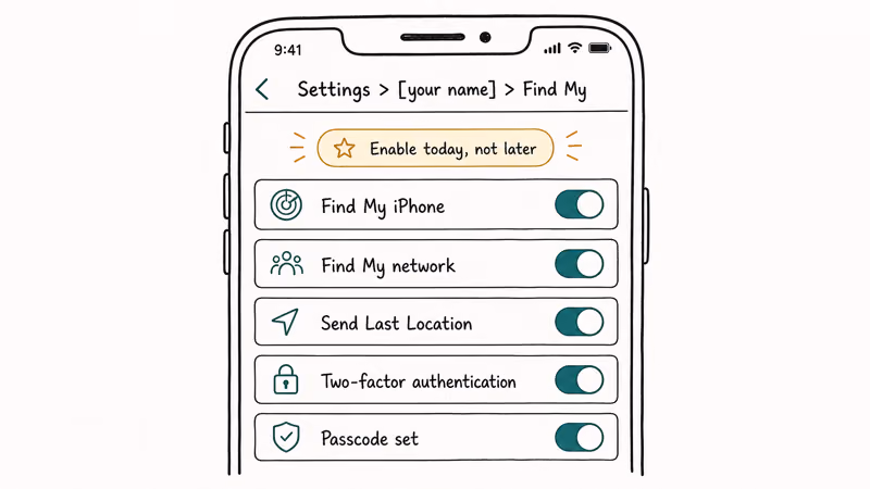 Five toggles checklist for Find My iPhone with passcode and two factor authentication required
