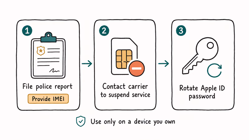 Three step procedural recovery police report carrier suspend and Apple ID password rotation