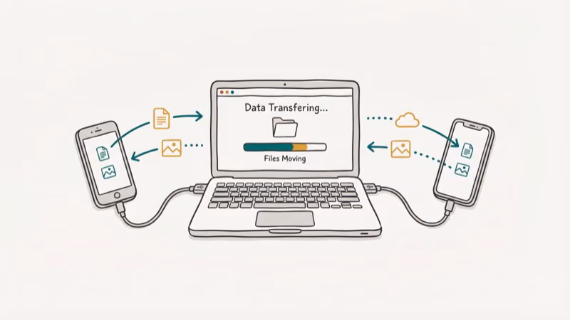 Laptop connected to two phones via USB cables transferring WhatsApp data