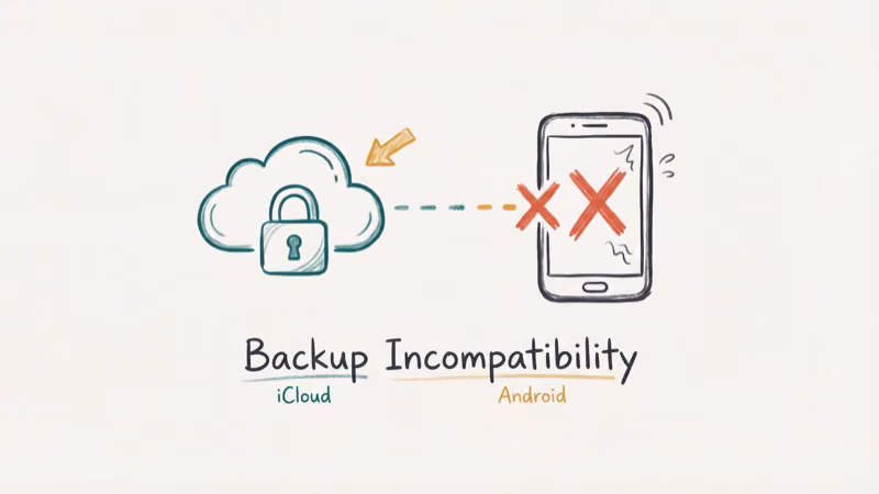 iCloud backup incompatibility with Android phones showing lock and X mark