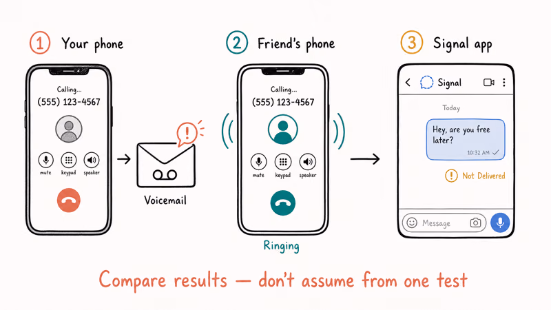 Hand-drawn three-step flow comparing your call to friend's call and Signal delivery as a triangulation test for blocking.