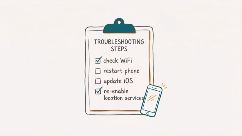 Checklist showing location sharing troubleshooting steps with WiFi restart and iOS icons