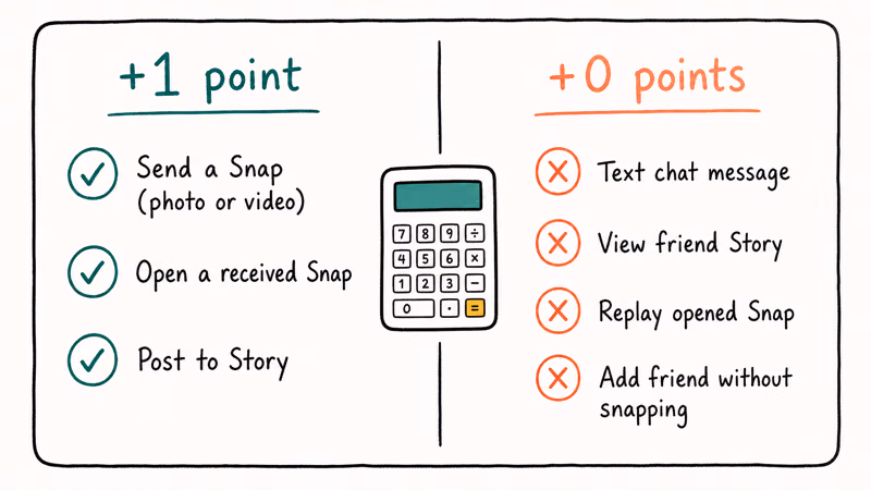Two column Snapchat score ledger showing point earning actions versus zero point activities