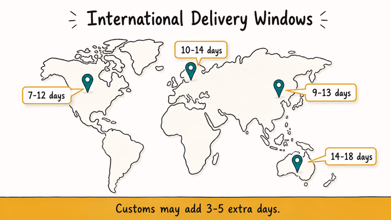 Simplified world map with regional delivery windows for GOAT international orders plus customs note.