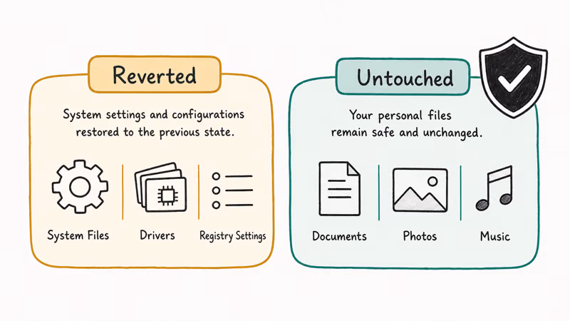 System Restore scope showing reverted system files versus untouched personal documents