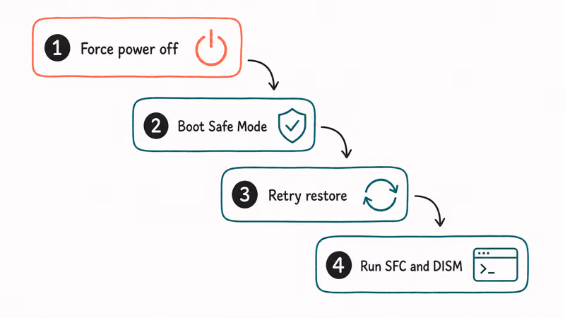 Recovery sequence for a stuck System Restore from power off through Safe Mode and SFC
