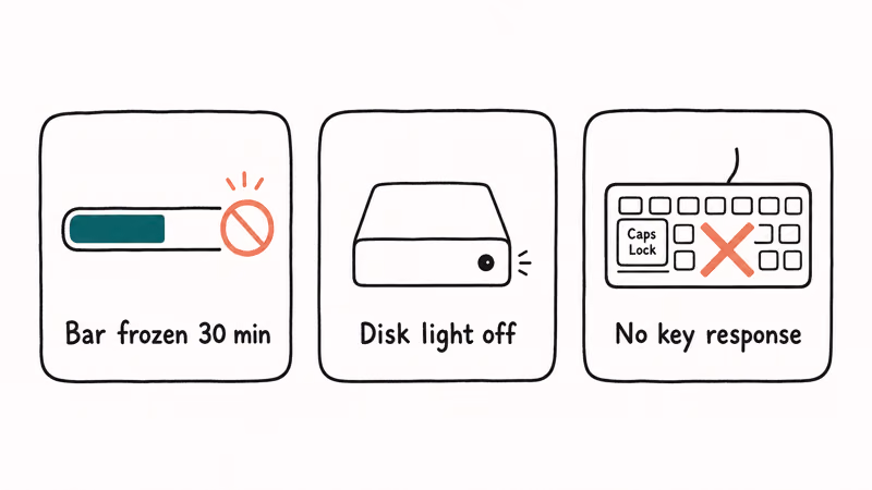 Three signs a System Restore is truly stuck including frozen bar and dark disk light