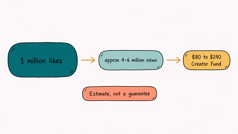 Funnel showing likes views and Creator Fund payout estimate with disclaimer about variance