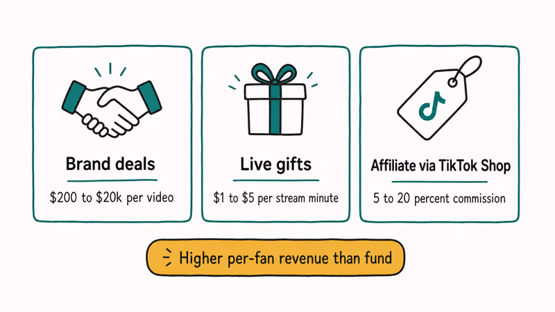 Three off-fund TikTok monetization channels brand deals live gifts and Shop affiliate with payout ranges