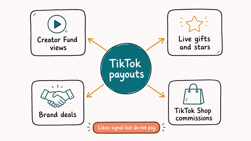 TikTok monetization hub with four payout streams Creator Fund Live gifts brand deals and Shop