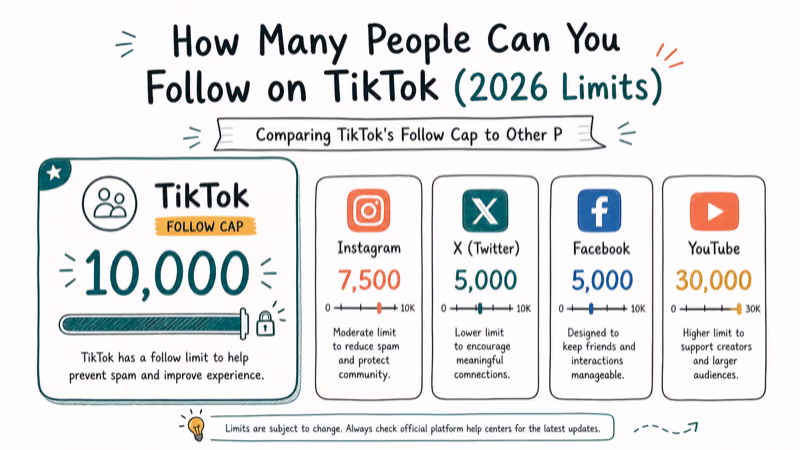 Hand-drawn illustration: Comparing TikTok's Follow Cap to Other Platforms