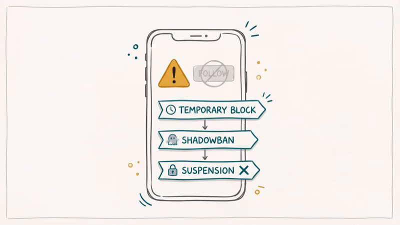 Warning triangle with grayed out follow button showing escalating penalty steps