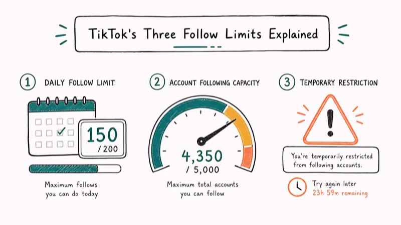 Hand-drawn illustration: TikTok's Three Follow Limits Explained