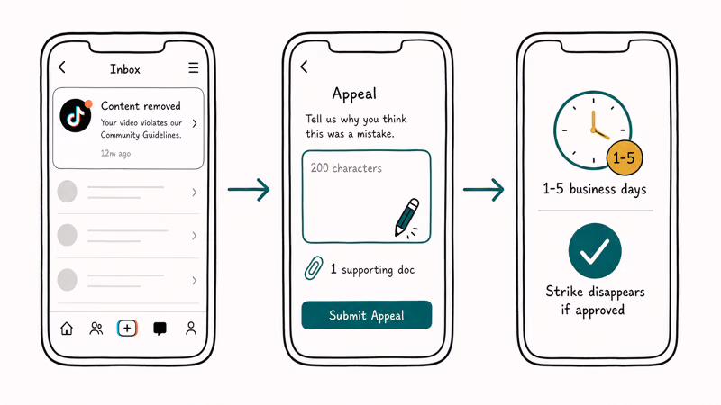 TikTok appeal flow showing 200 character text box one supporting document and review timeline