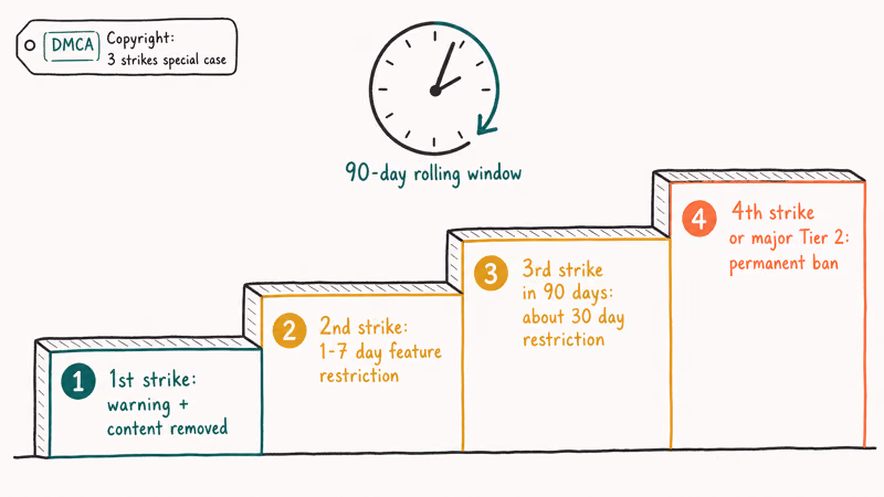 Four step strike ladder with 90 day rolling window showing escalation to permanent ban