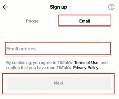 Sign up TikTok by Email
