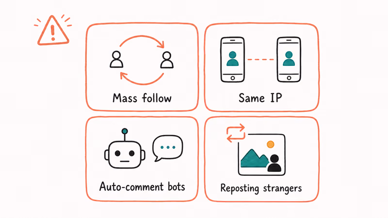 Hand-drawn grid of four behaviors that trigger TikTok multi-account bans including mass follow and bots
