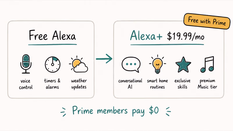 Two card comparison of free Alexa versus Alexa Plus 19.99 per month with Prime members free upgrade tag