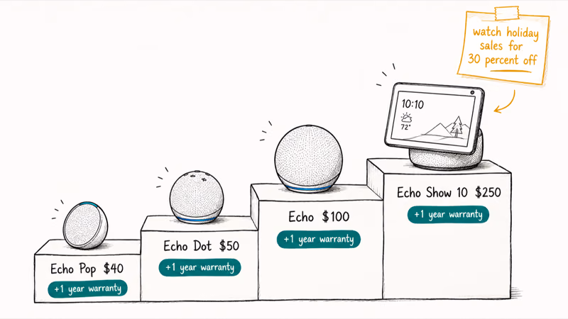 Horizontal price ladder showing Echo Pop Dot Echo and Echo Show 10 from 40 dollars up to 250