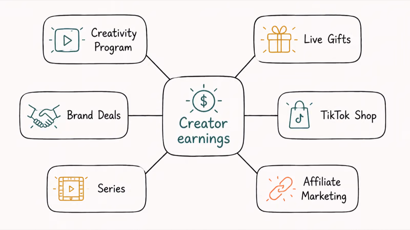 Hub and spoke diagram of six TikTok creator earnings routes including Creativity Program Live Gifts brand deals and