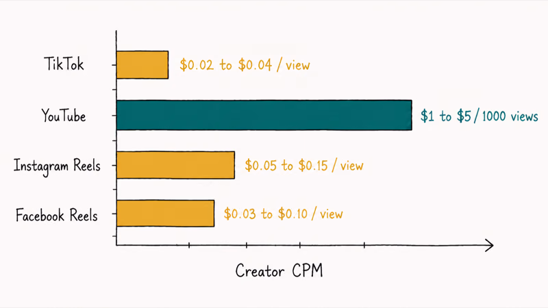 Bar chart comparing creator CPM ranges across TikTok YouTube Instagram Reels and Facebook Reels with scaled bars