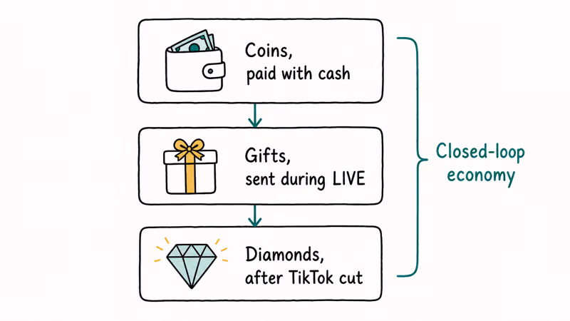 Three layer TikTok economy showing coins becoming gifts then diamonds for creator earnings