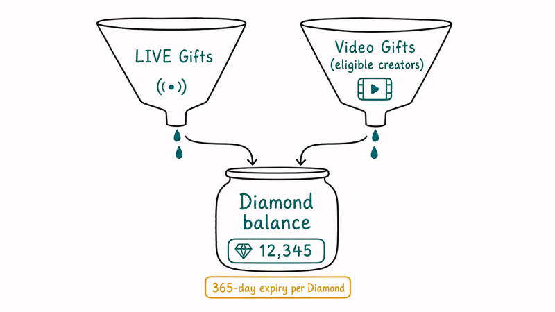 Two gift source funnels LIVE and Video merging into one diamond balance jar with expiry note