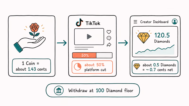 One coin Rose payout flow from viewer through TikTok cut to creator 0.7 cent net