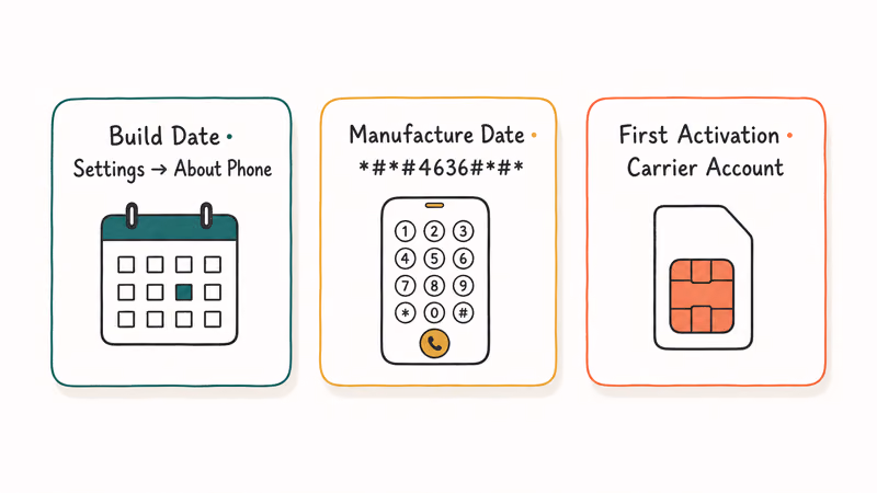 Three hand-drawn cards showing Android phone age signals build date, manufacture date dialer code, and first activation.