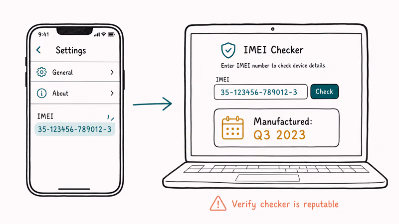 Hand-drawn IMEI lookup flow showing phone About screen, laptop checker site, and manufacture date result card.