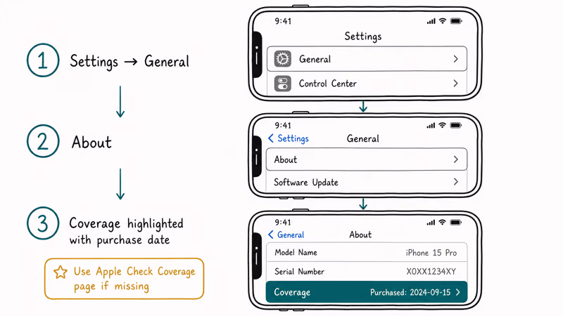 Hand-drawn iPhone Settings About Coverage path showing purchase date and Apple Check Coverage fallback note.