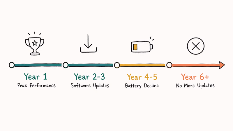 Hand-drawn horizontal timeline showing phone lifecycle bands from peak year to no updates with battery decline midpoint.