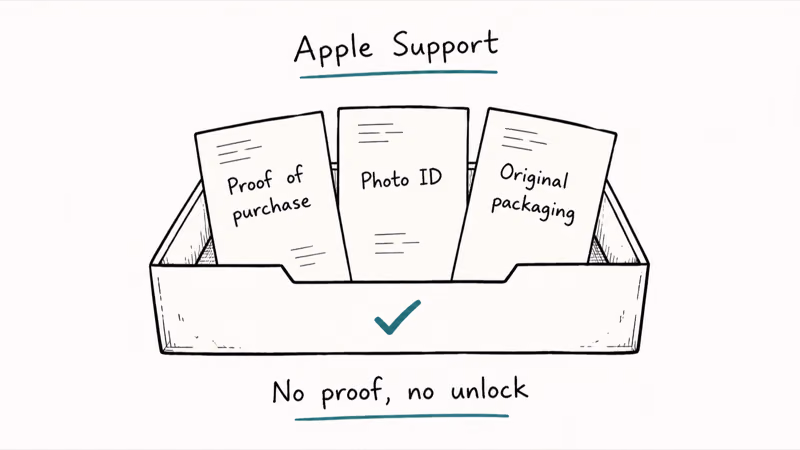 Apple Support document tray with three proof slips proof of purchase photo ID and original packaging for IMEI